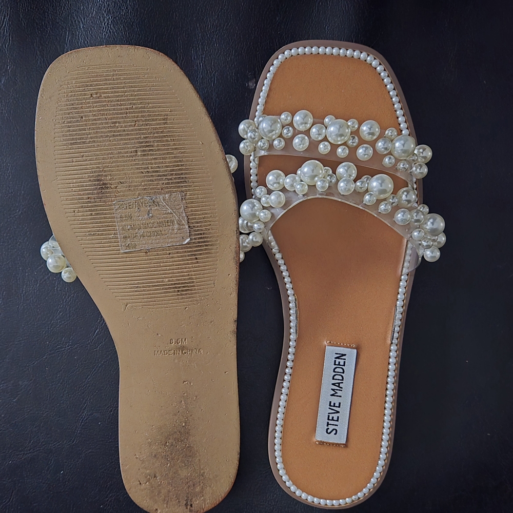Steve Madden Pearl Embellished Tan Sandals - Picture 2 of 7